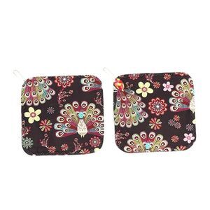 POTHOLDERS, Set of 2, Handmade, Peacocks, feathers, brown, green, fuchsia, 8”